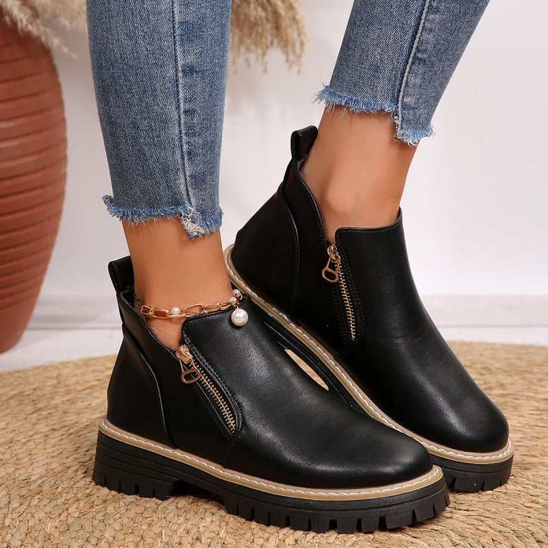 Black Leather Ankle Boots with Chunky Sole and Gold Zip
