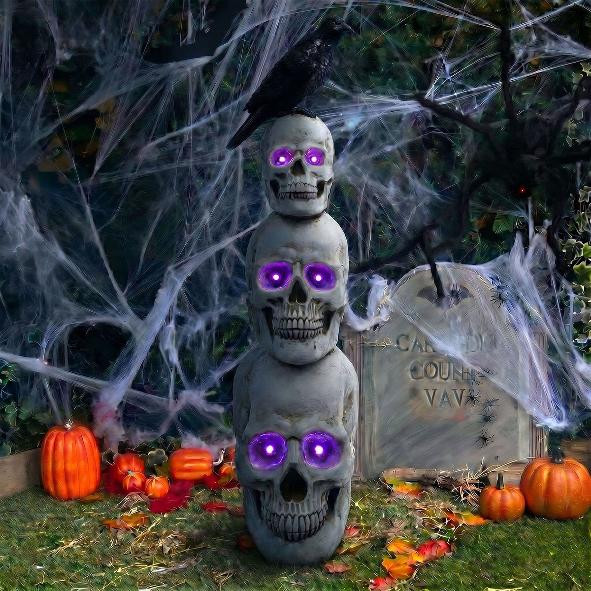 Halloween 4ft Stack of Skulls Ornament with Raven and Multicoloured LED Lights