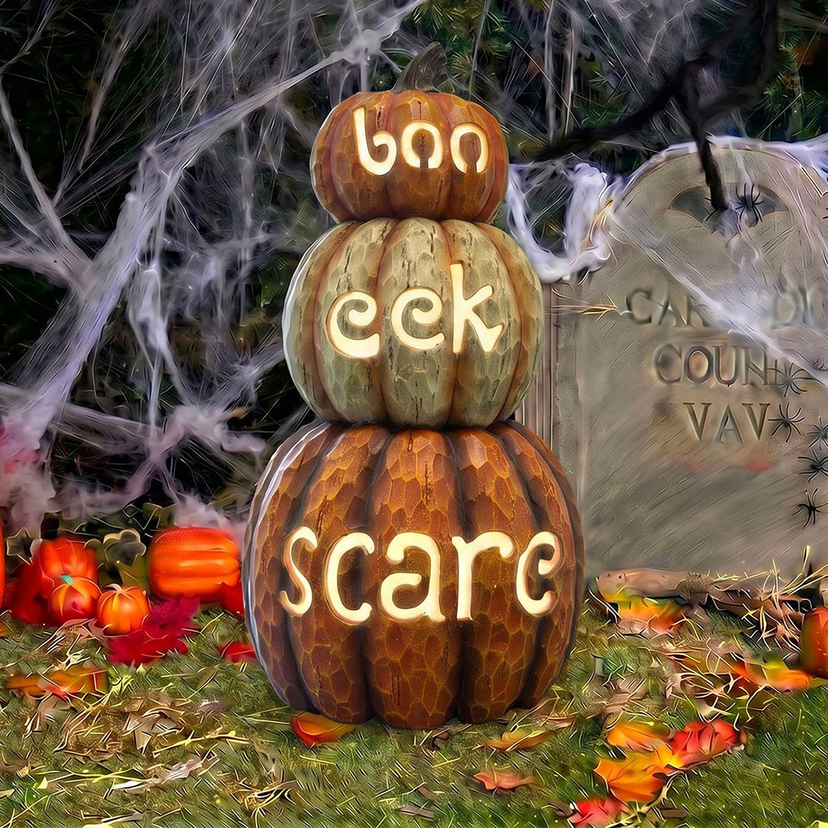 Giant Halloween Stacked Pumpkin Ornament with Warm White LED Lights