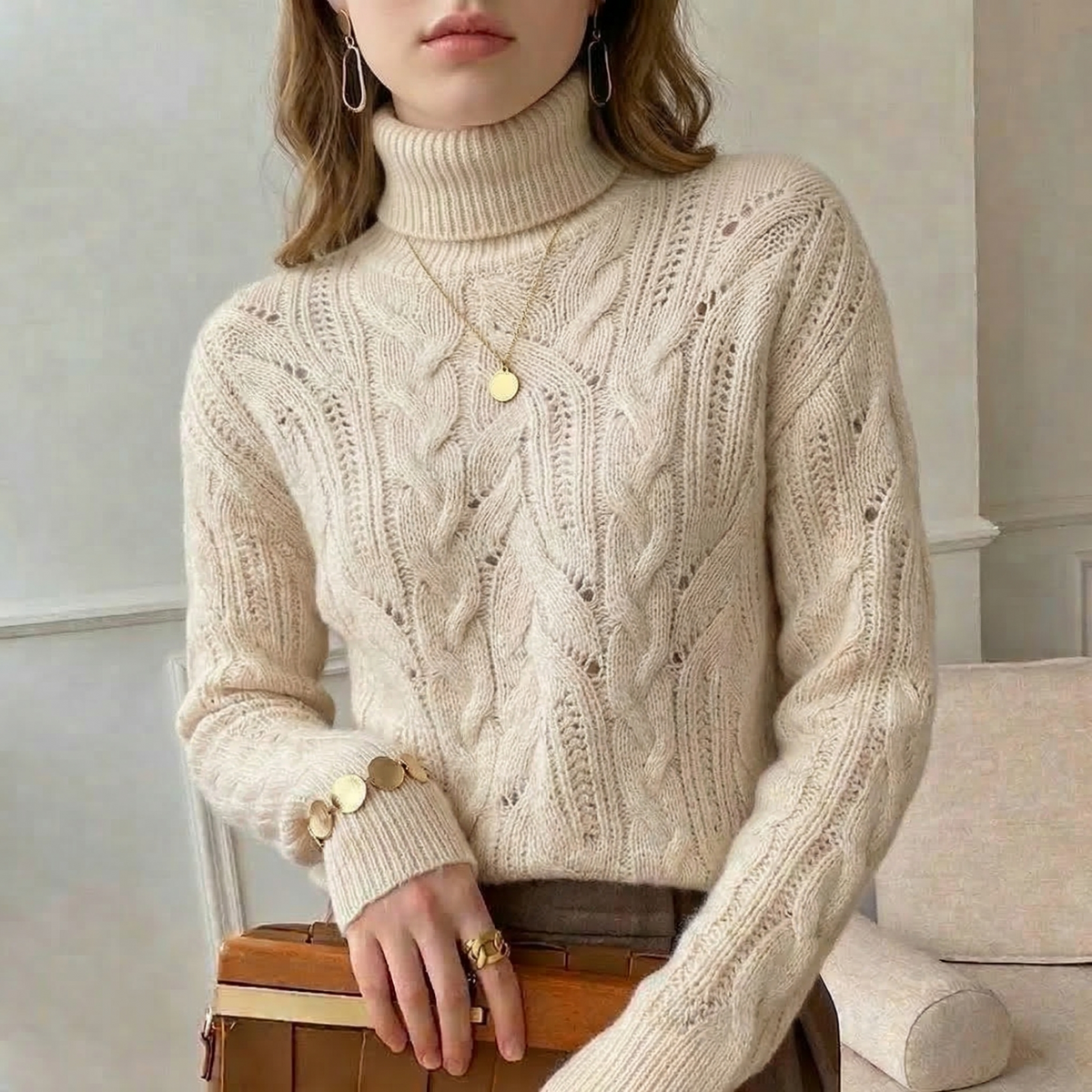 Cable Knit Turtleneck Sweater with Open Knit Detail