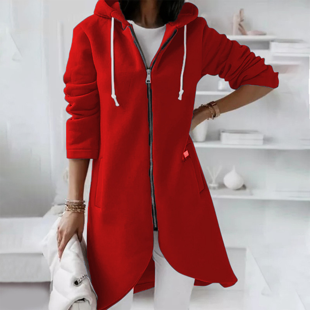 Casual Long Zip Up Hoodie with Curved Hem