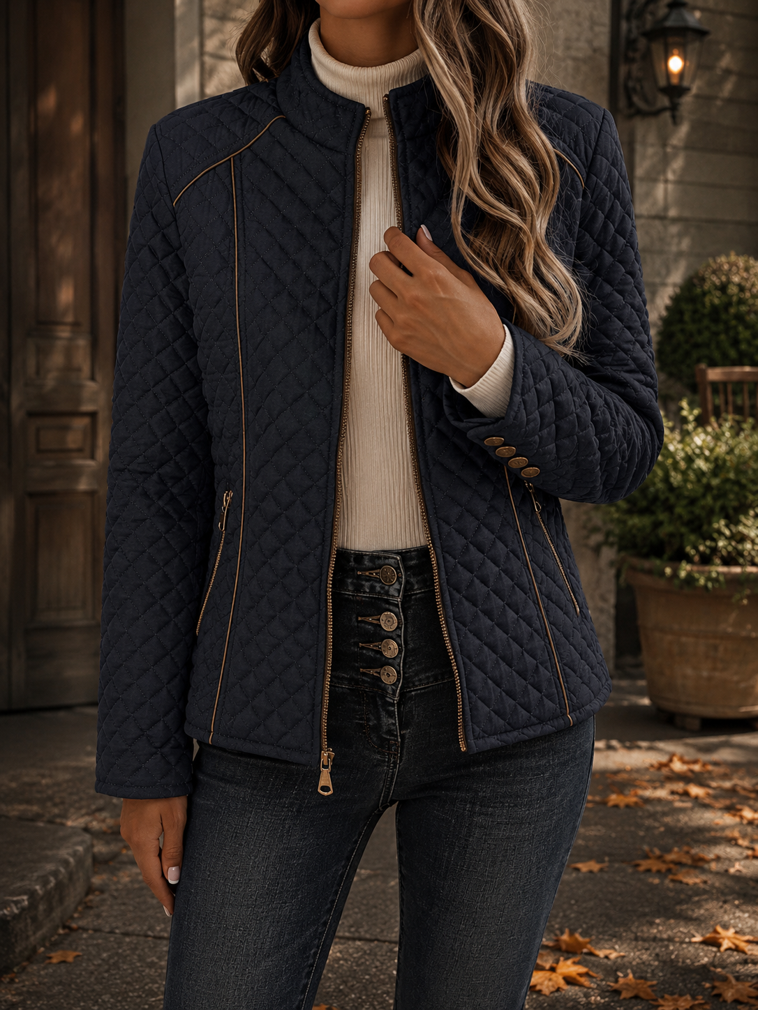 Fitted Quilted Jacket with Stand Collar and Contrast Piping