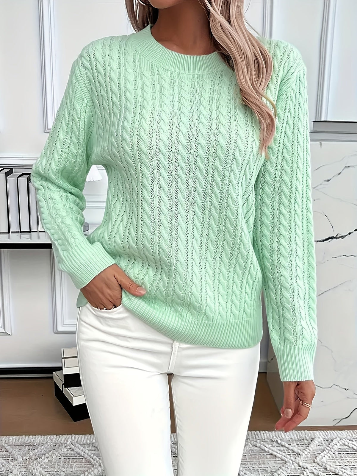 Chunky Cable Knit Sweater with Crew Neck and Ribbed Cuffs