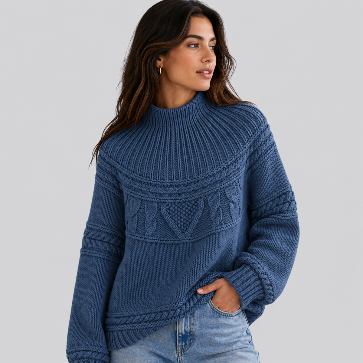 Cosy Cable Knit Sweater with Mock Neck and Mixed Texture Panel