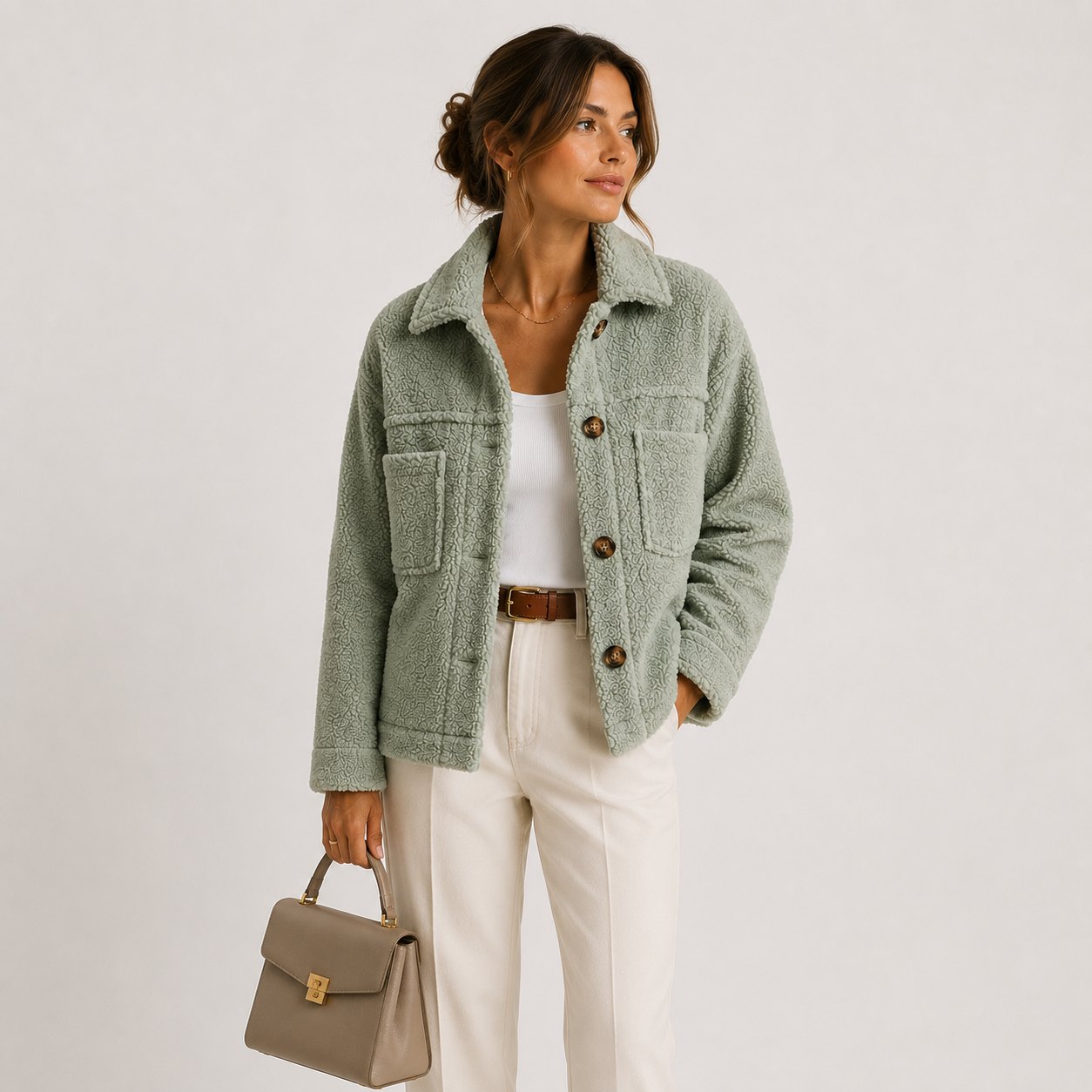 Cropped Sherpa Shacket with Chest Pockets and Teddy Texture