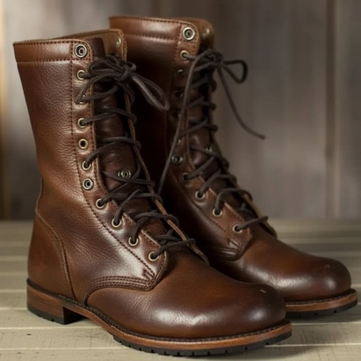 Dark Brown Leather Lace-Up Combat Boots with Fold-Down Cuff