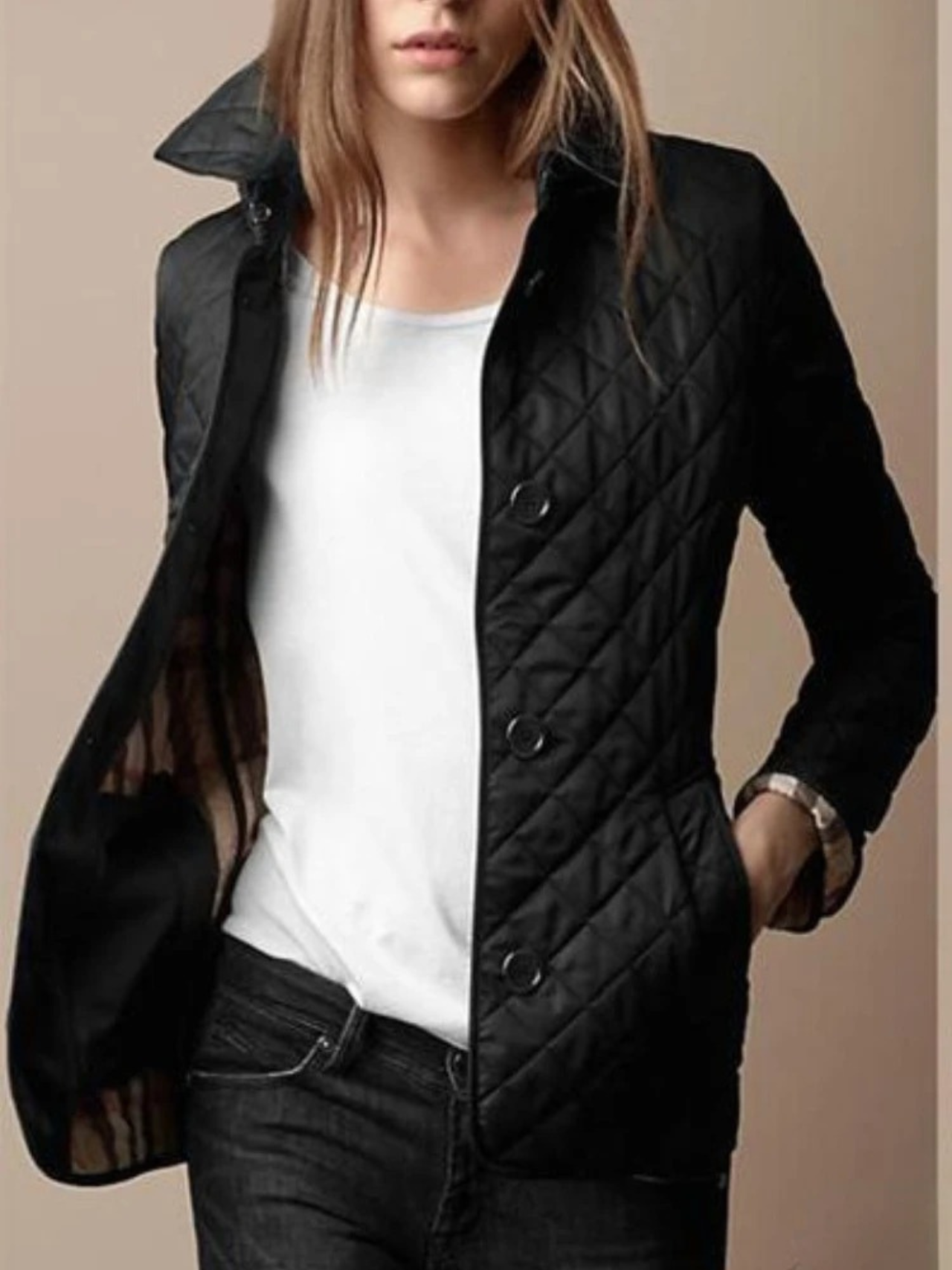 Fitted Diamond Quilted Jacket with Belted Back Detail