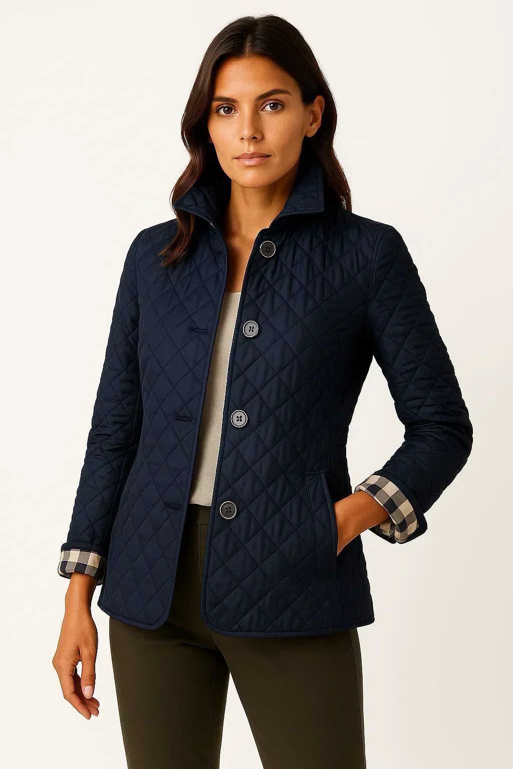 Fitted Diamond Quilted Jacket with Check Lining Detail