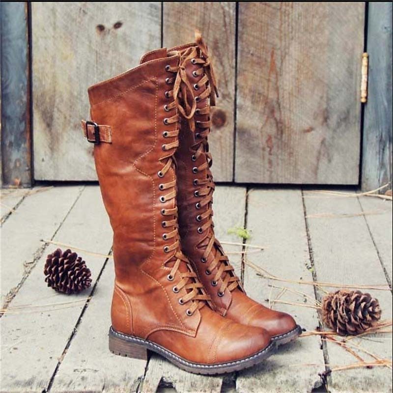 Knee High Lace-Up Leather Boots with Side Buckle