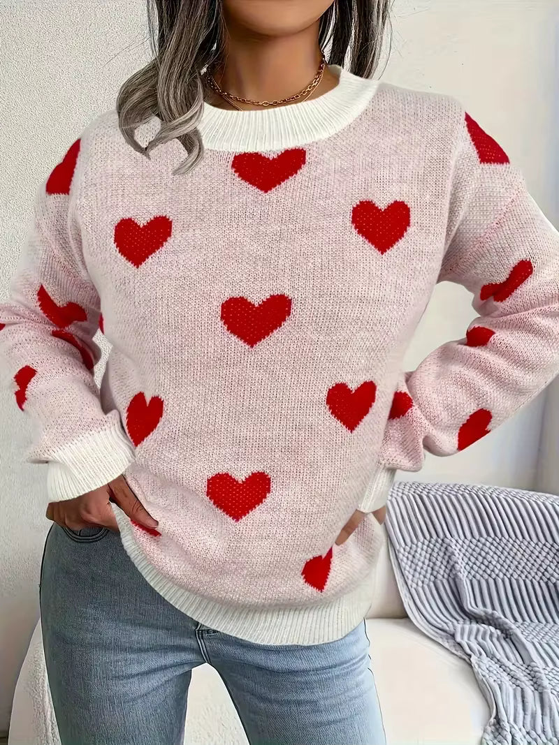 Knit Sweater with All-Over Heart Print and Crew Neck