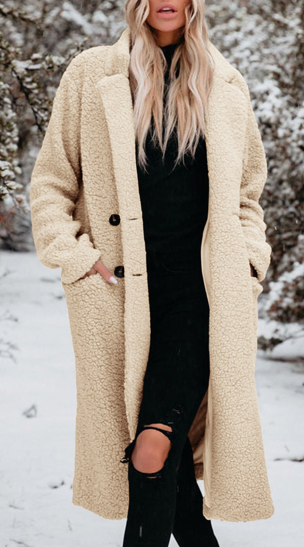 Women's Long Teddy Coat with Button Front Closure