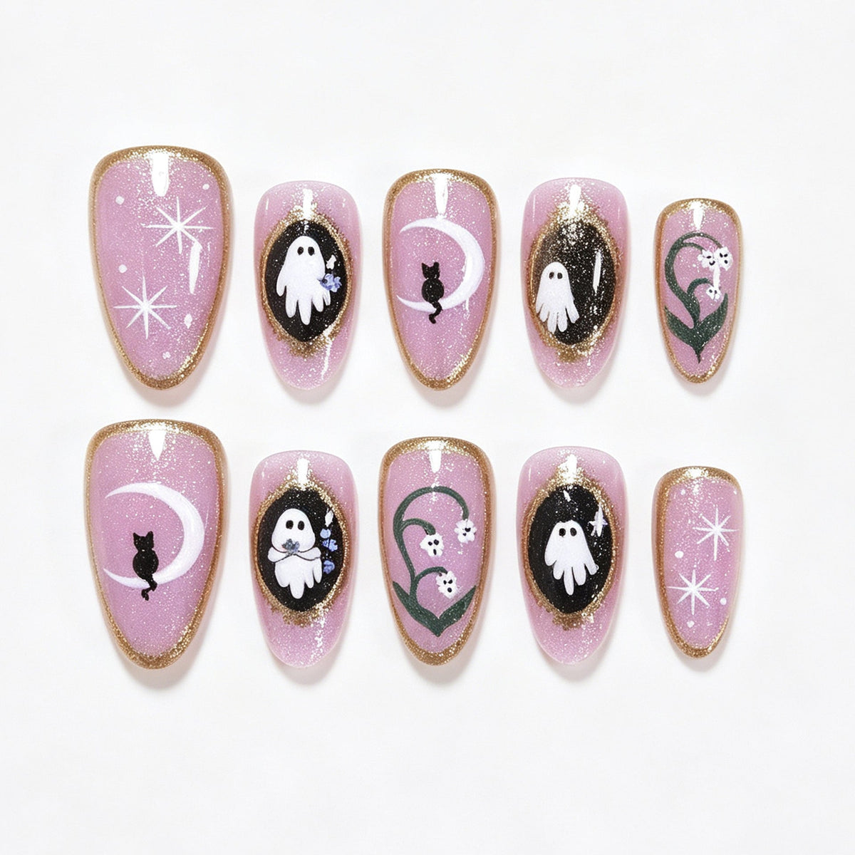 Halloween-Themed Ghost and Cat Press-On Nail Art Set Stornfield