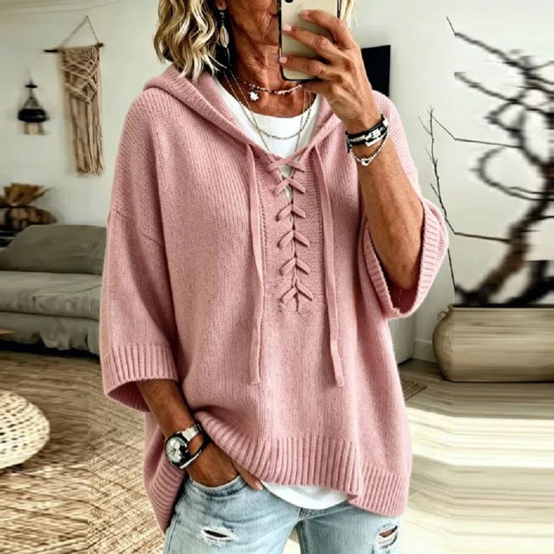 Oversized Hooded Knit Sweater with Lace-Up Front