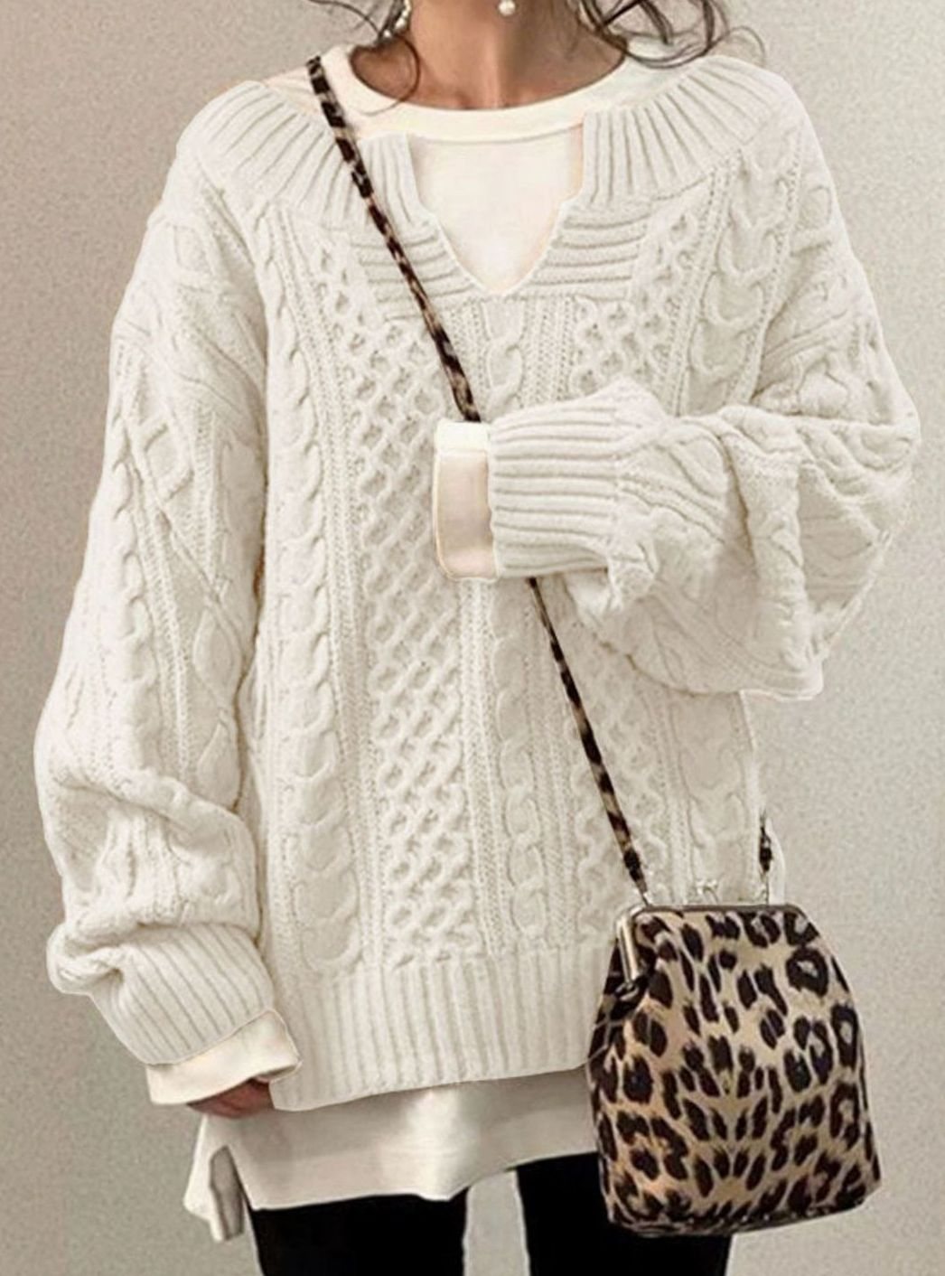 Oversized V-Neck Cable Knit Sweater