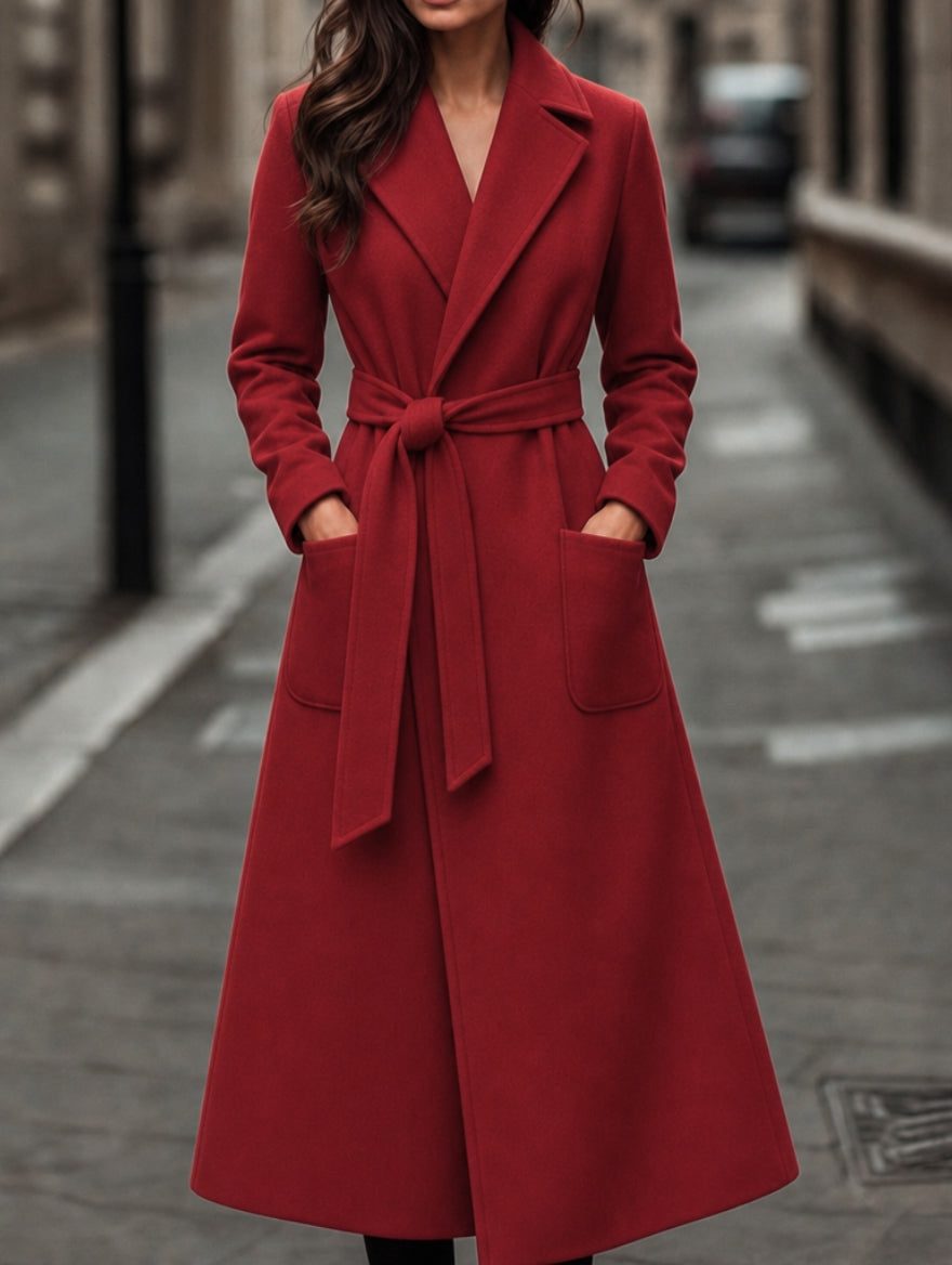 Red Long Belted Wool Coat with Patch Pockets