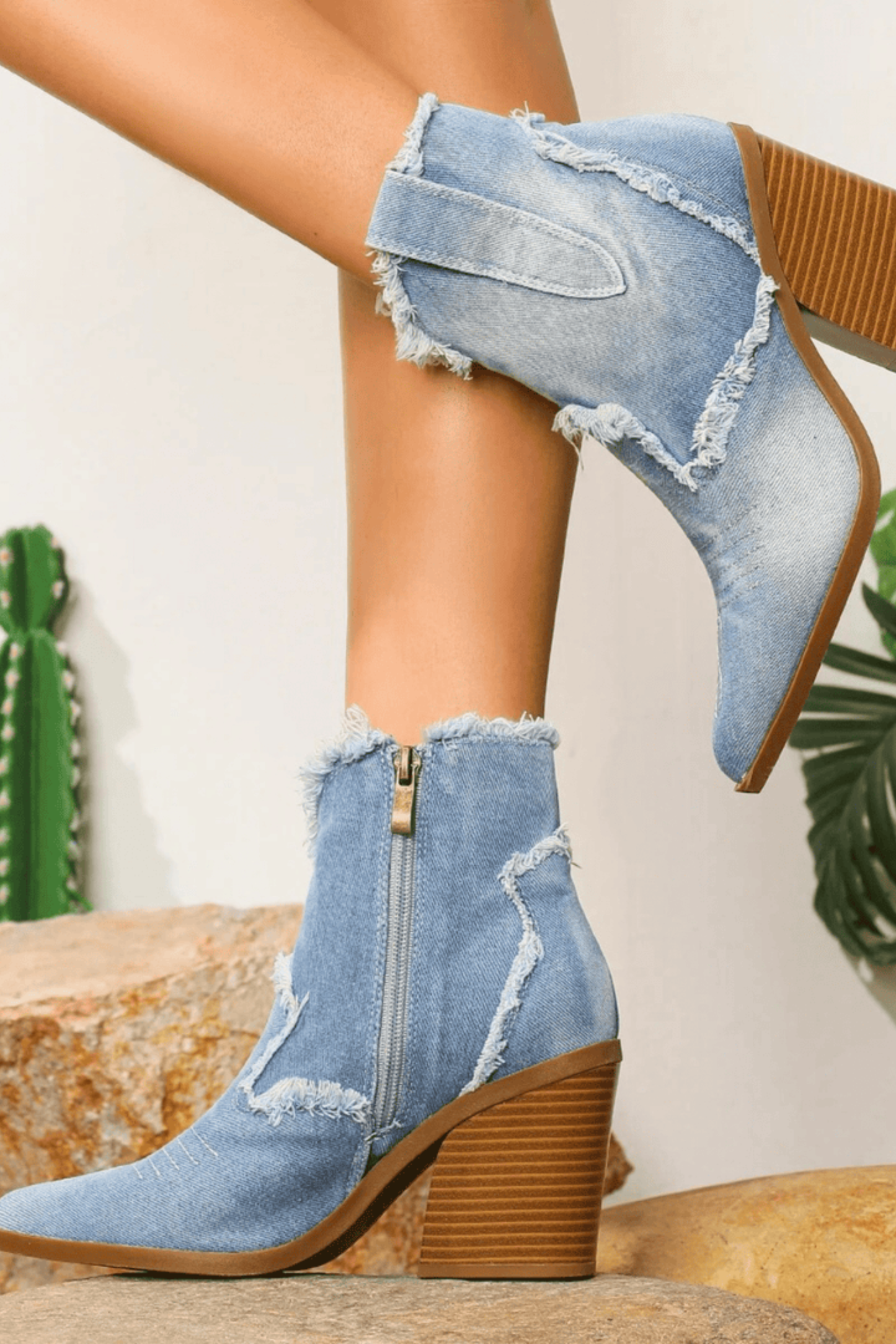 Retro Denim Western Ankle Boots with Frayed Edge Detail