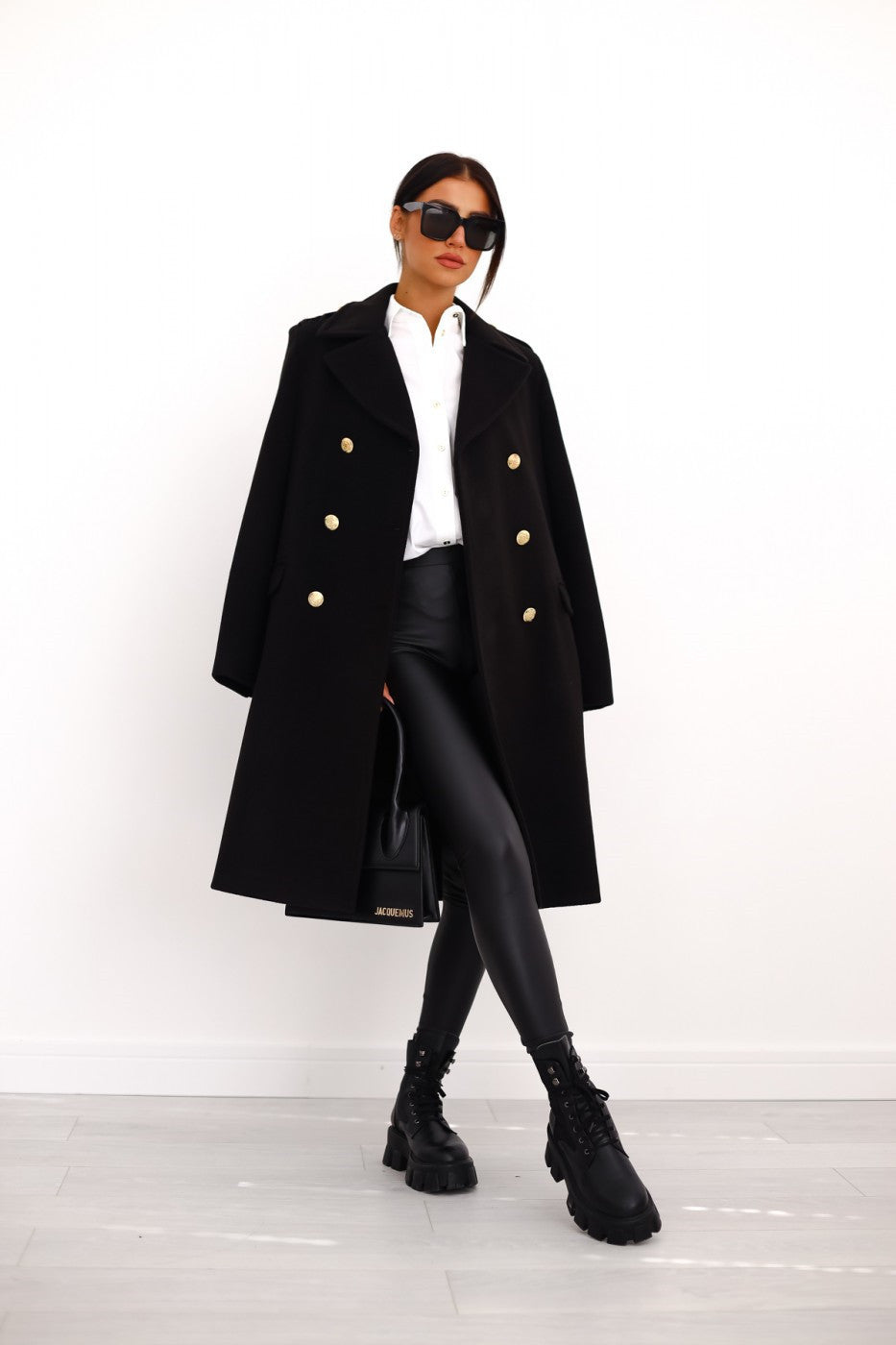 Women's Double-Breasted Wool Coat Gold Button Detail
