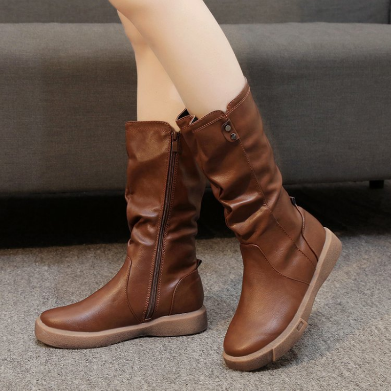 Slouchy Mid Calf Leather Boots with Chunky Flat Sole