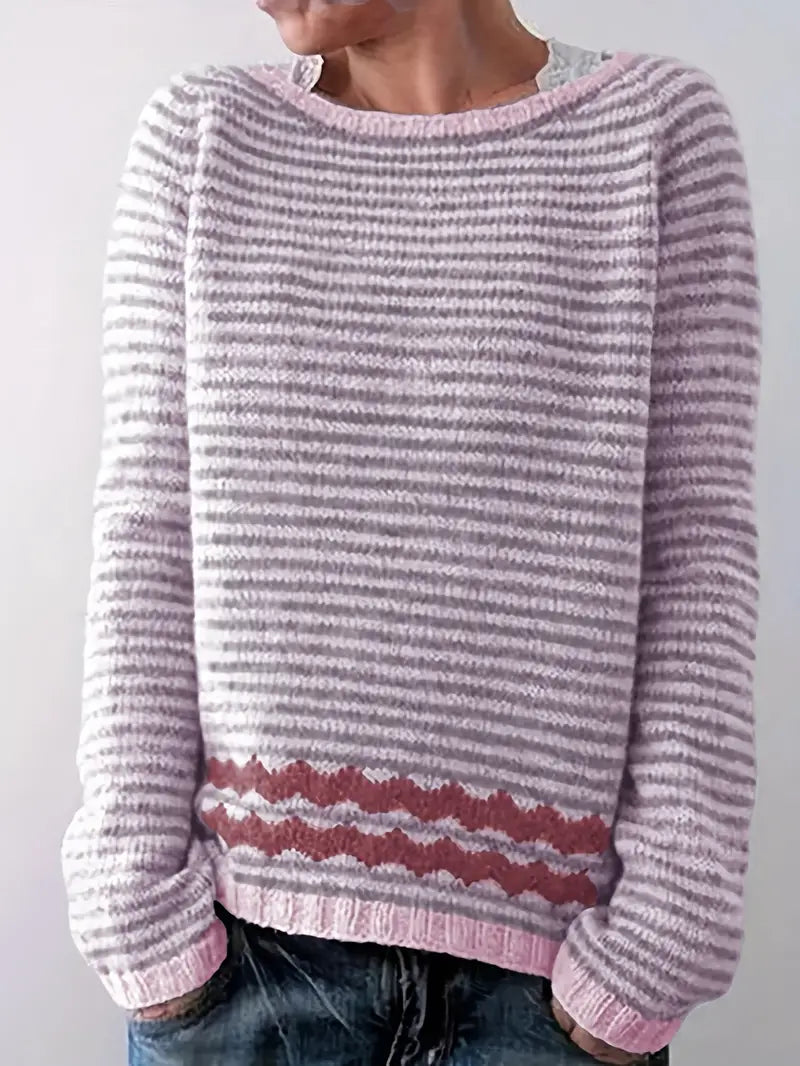 Soft Striped Knit Sweater with Patterned Hem