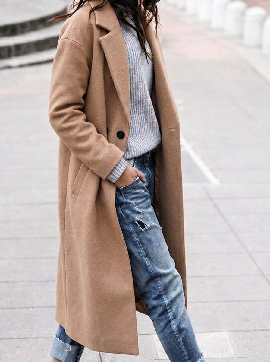 Timeless Wool Coat with Wide Collar and Single Button