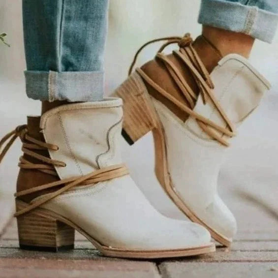 Western Ankle Boots with Wrap Lace Detail and Block Heel