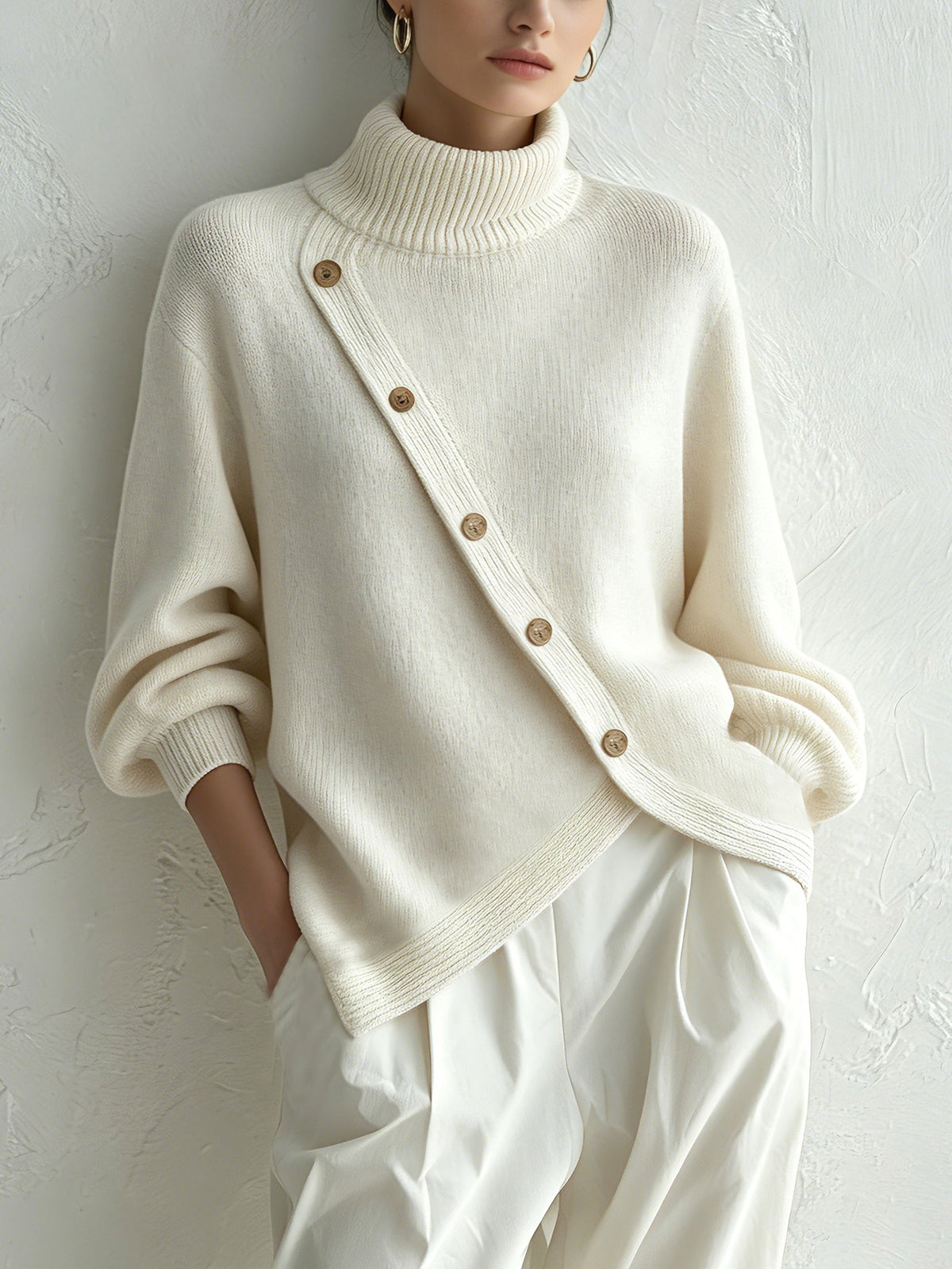 White Oversized Turtleneck Sweater with Diagonal Wood Buttons