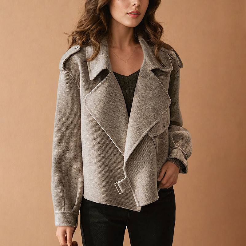 Women's Cropped Biker Jacket with Wide Collar