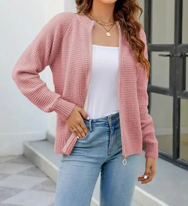 Women's Zip-Up Cardigan with Long Sleeves and Round Neck