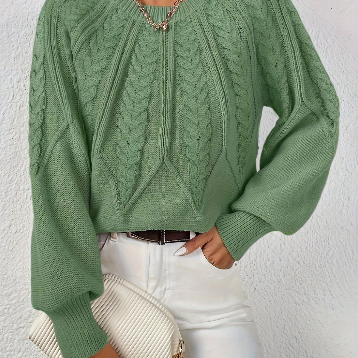 Women's Cable-Knit Cropped Jumper with Ribbed Crew Neck