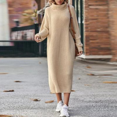 Women's Ribbed Turtleneck Midi Dress with Long Sleeves