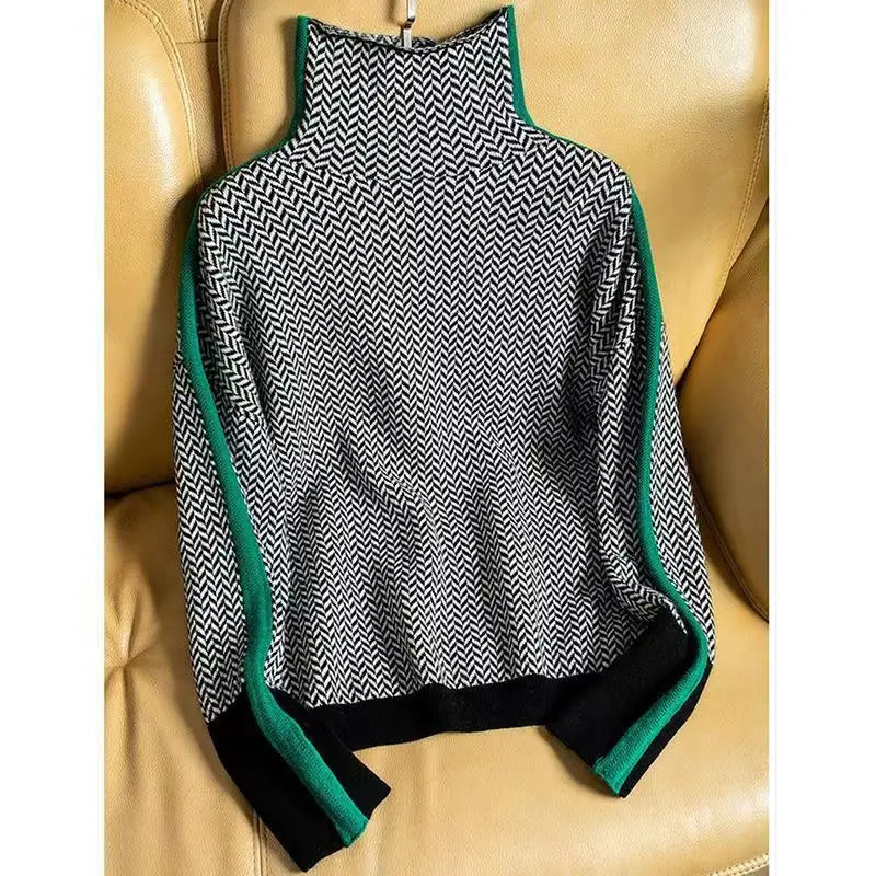 Women's Herringbone Turtleneck Jumper with Stripe Sleeves