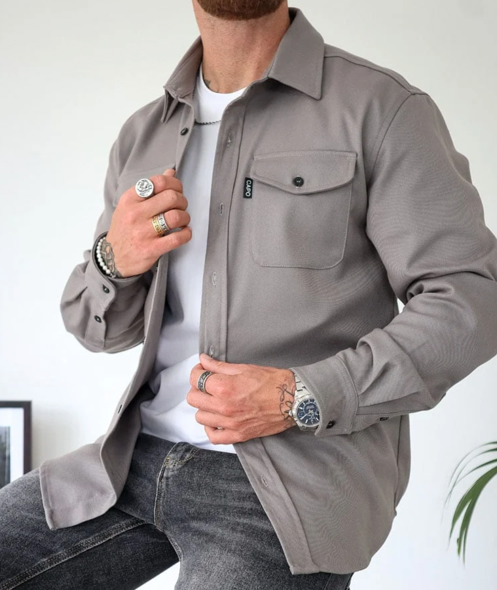 Men's Casual Shirt Jacket with Button Front and Chest Pockets