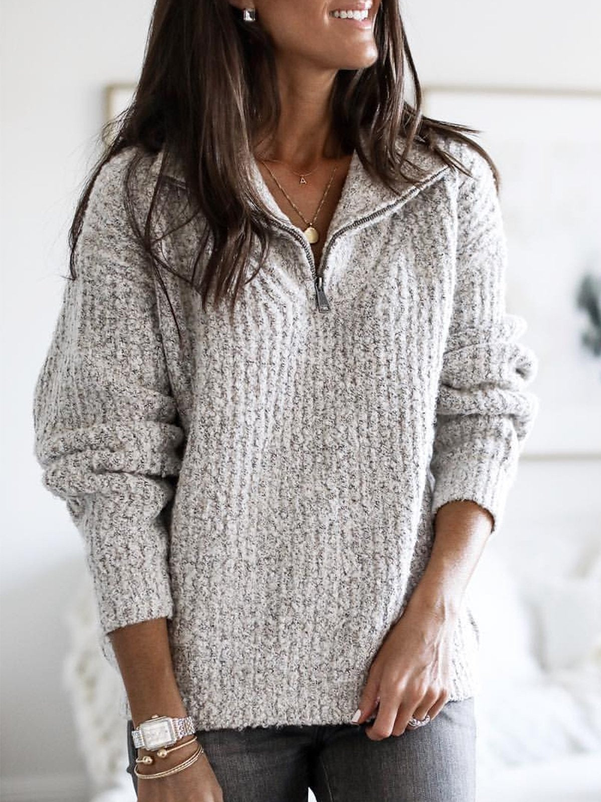 Women's Half-Zip Textured Jumper with Stand Collar