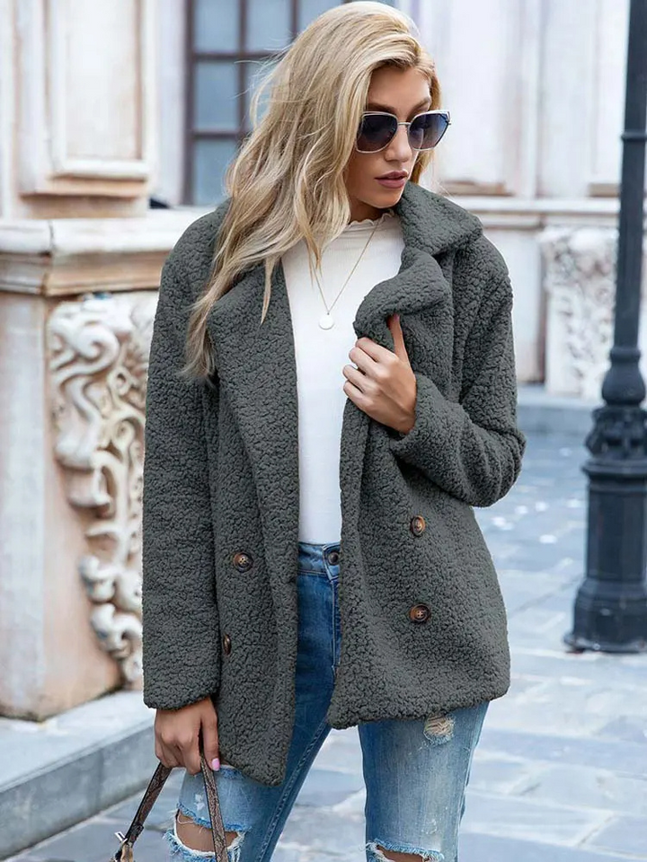 Women's Teddy Coat with Notch Lapel and Button Front