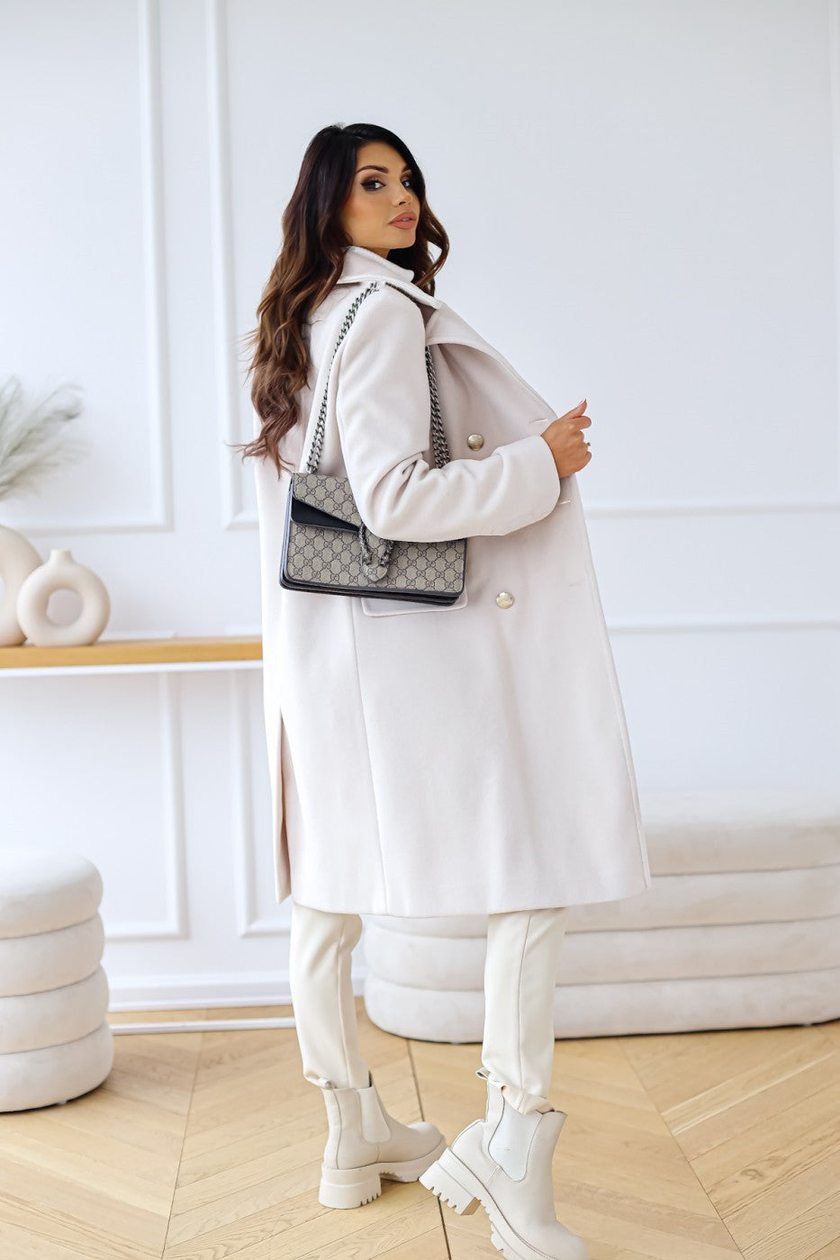 Women's Double-Breasted Wool Coat Gold Button Detail
