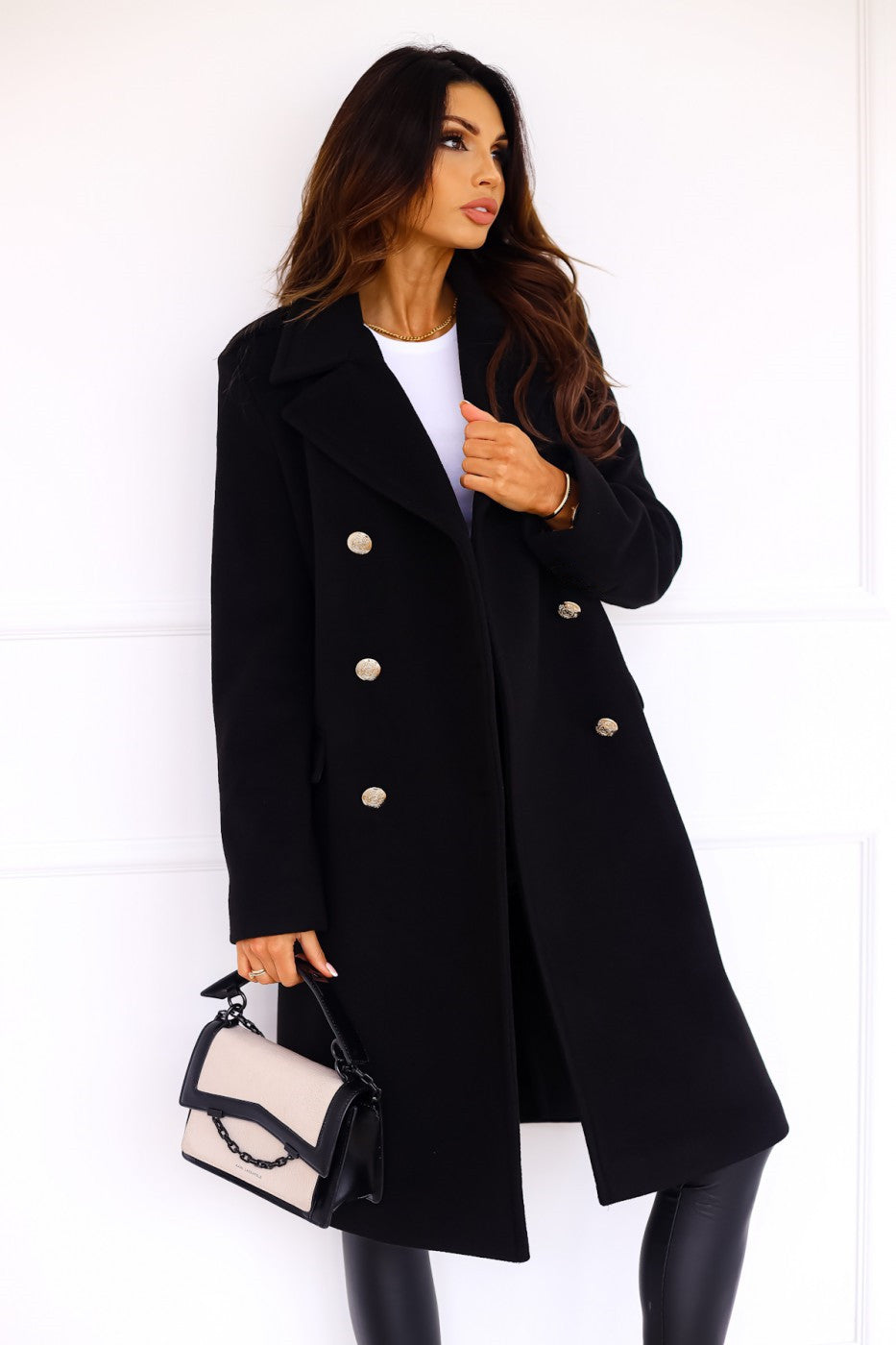 Women's Double-Breasted Wool Coat Gold Button Detail