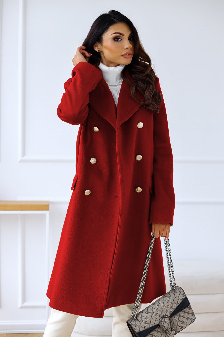 Women's Double-Breasted Wool Coat Gold Button Detail