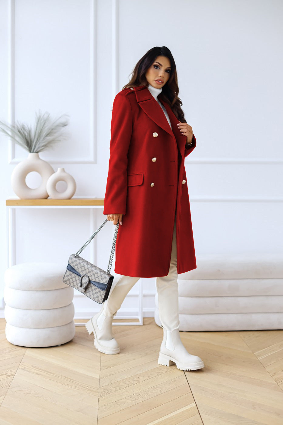 Women's Double-Breasted Wool Coat Gold Button Detail
