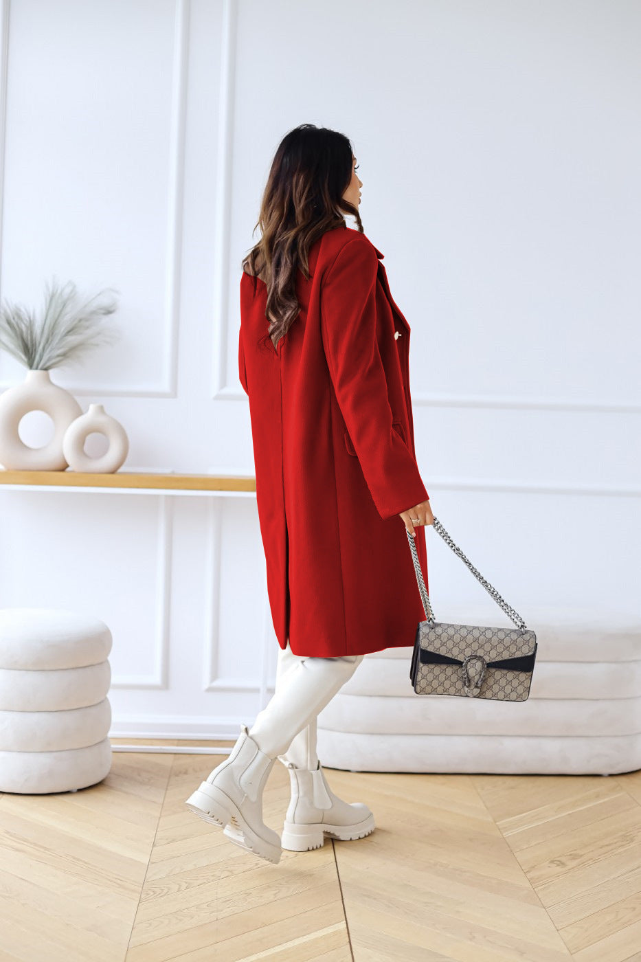 Women's Double-Breasted Wool Coat Gold Button Detail