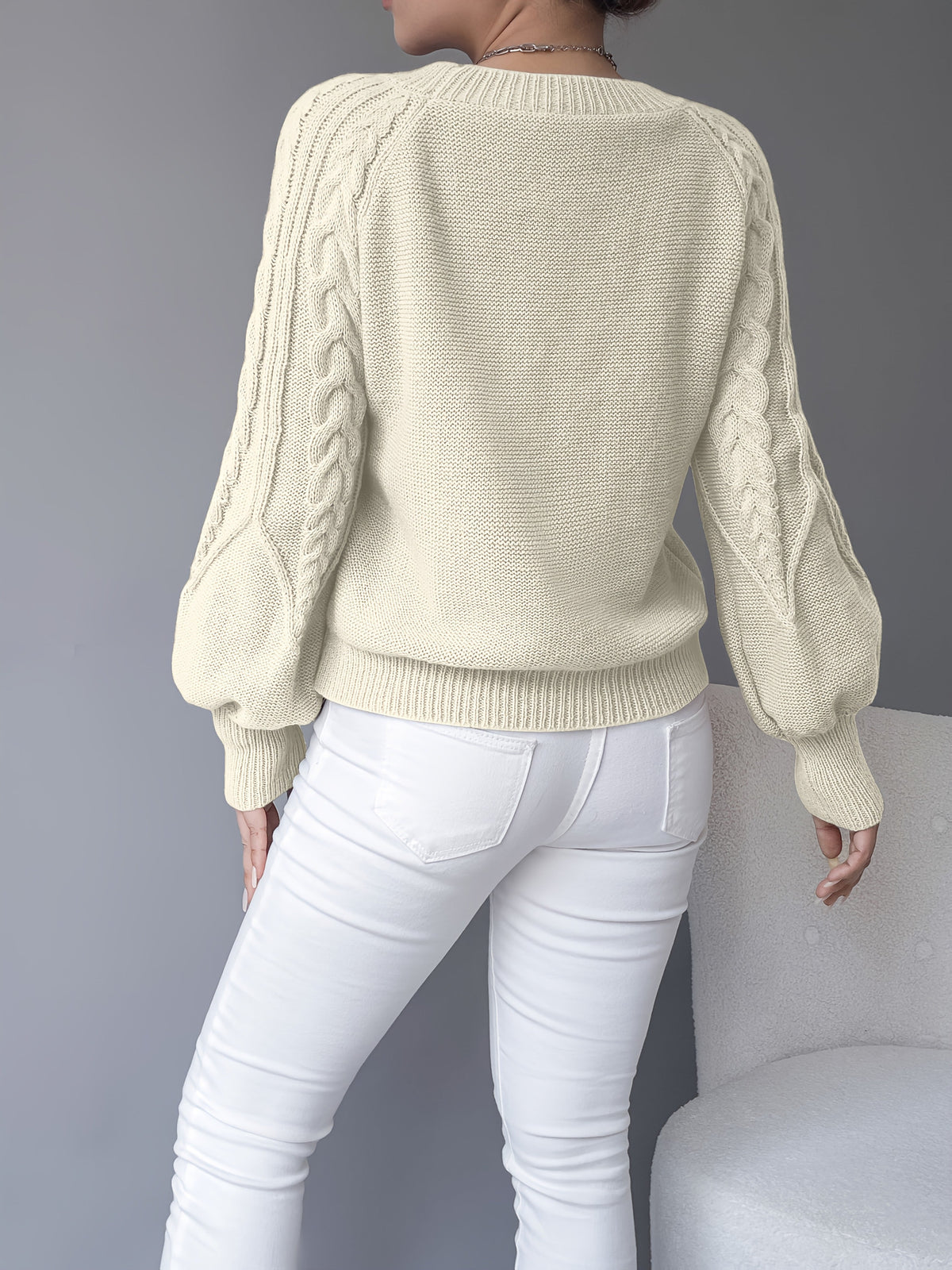 Women's Cable-Knit Cropped Jumper with Lantern Sleeves