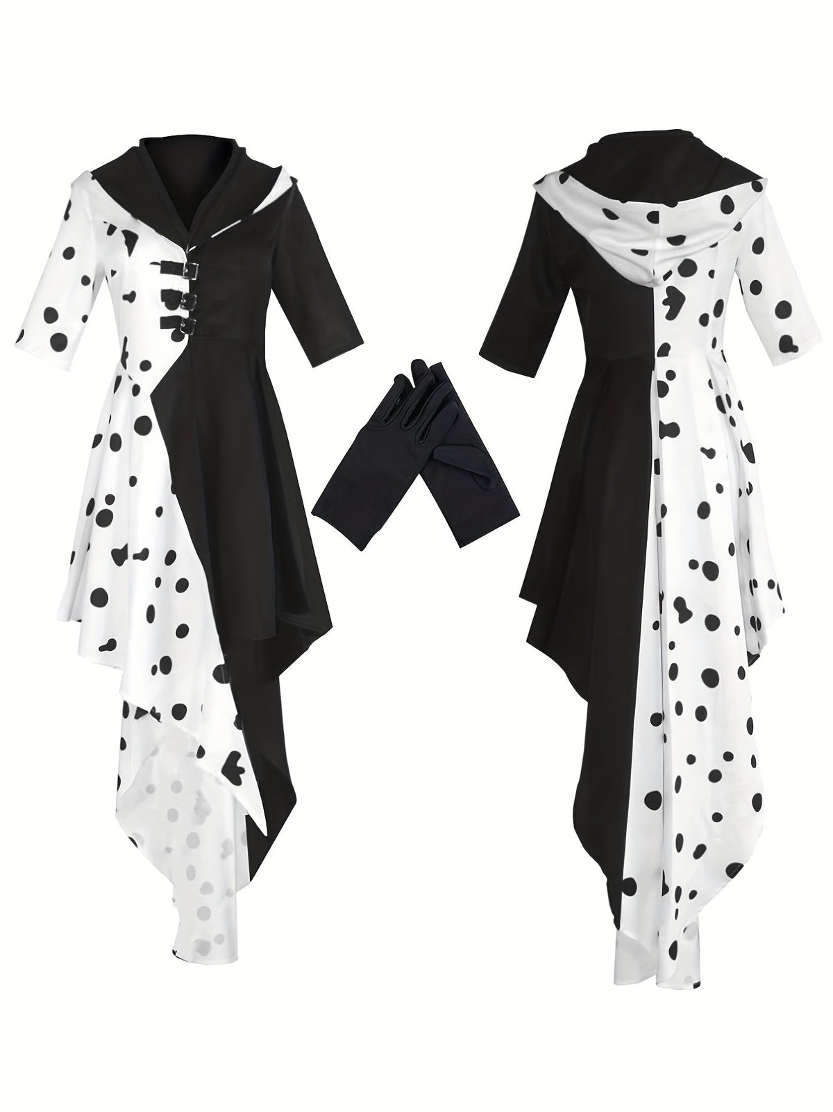 Ladies Hooded Dalmatian Halloween Movie Costume Dress | Asymmetrical High Low