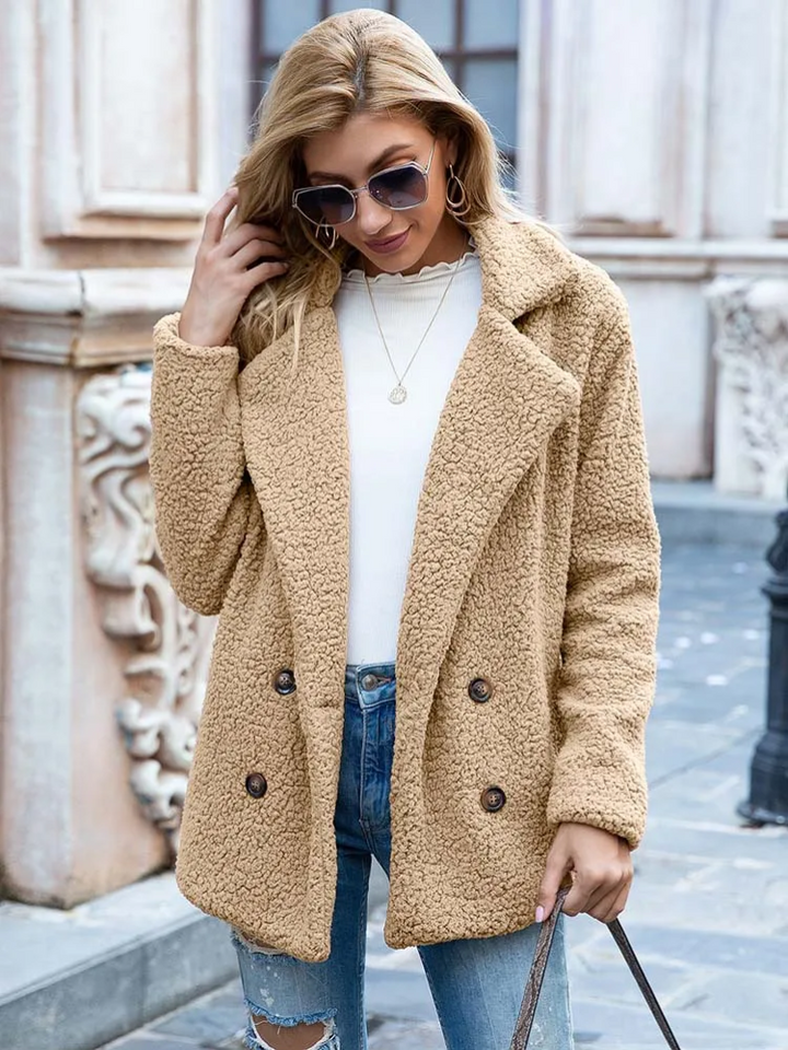 Women's Teddy Coat with Notch Lapel and Button Front