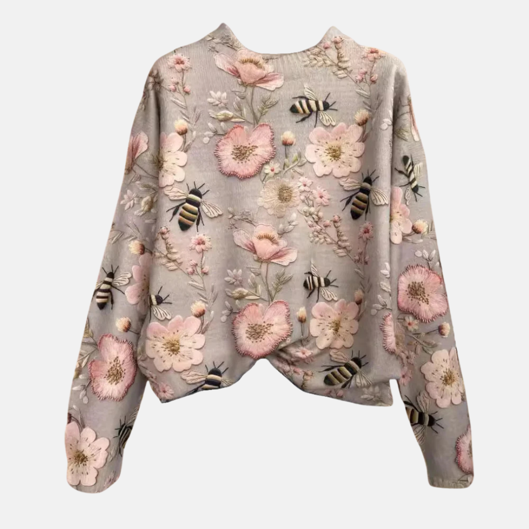 Women's Embroidered Floral Knit Sweater Loose Fit Crew Neck