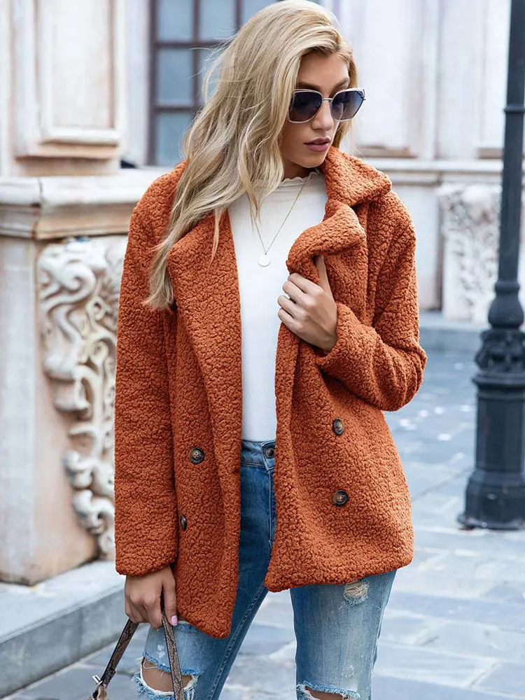 Women's Teddy Coat with Notch Lapel and Button Front