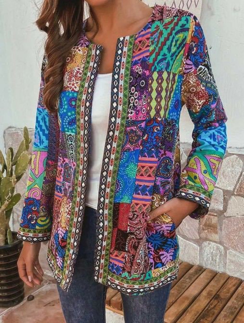Women's Printed Open-Front Jacket with Long Sleeves