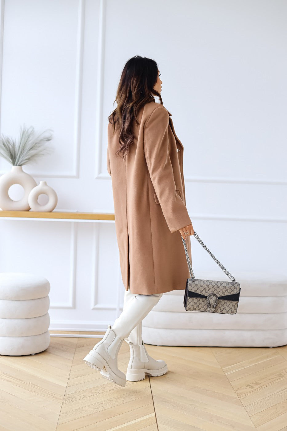 Women's Double-Breasted Wool Coat Gold Button Detail