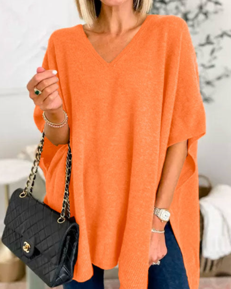 Women's Oversized V-Neck Poncho Jumper Relaxed Fit