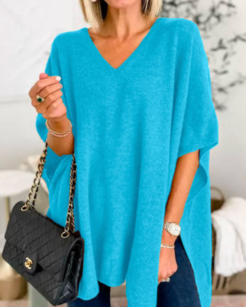 Women's Oversized V-Neck Poncho Jumper Relaxed Fit