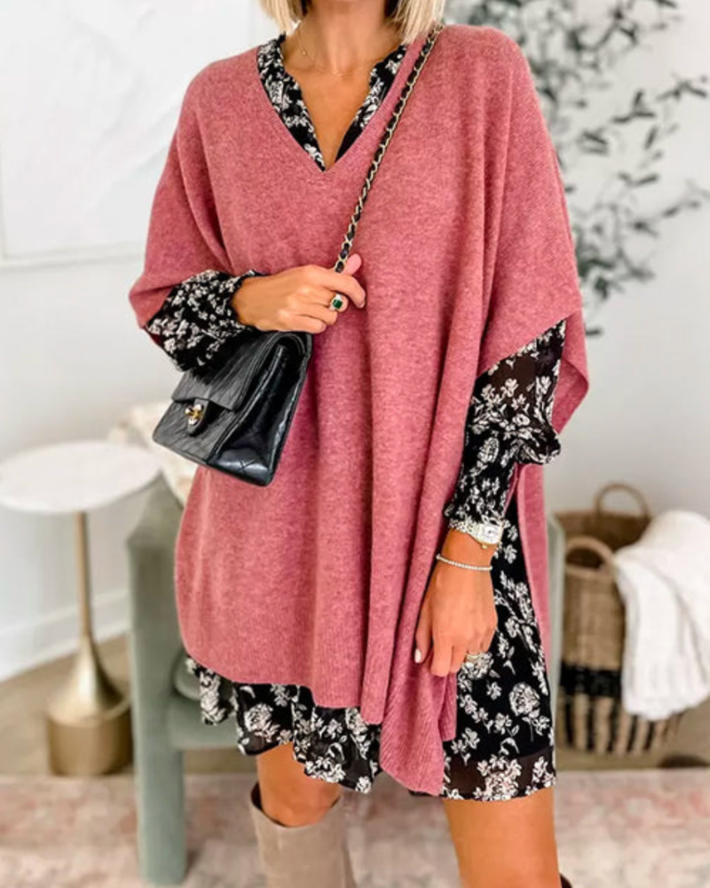 Women's Oversized V-Neck Poncho Jumper Relaxed Fit