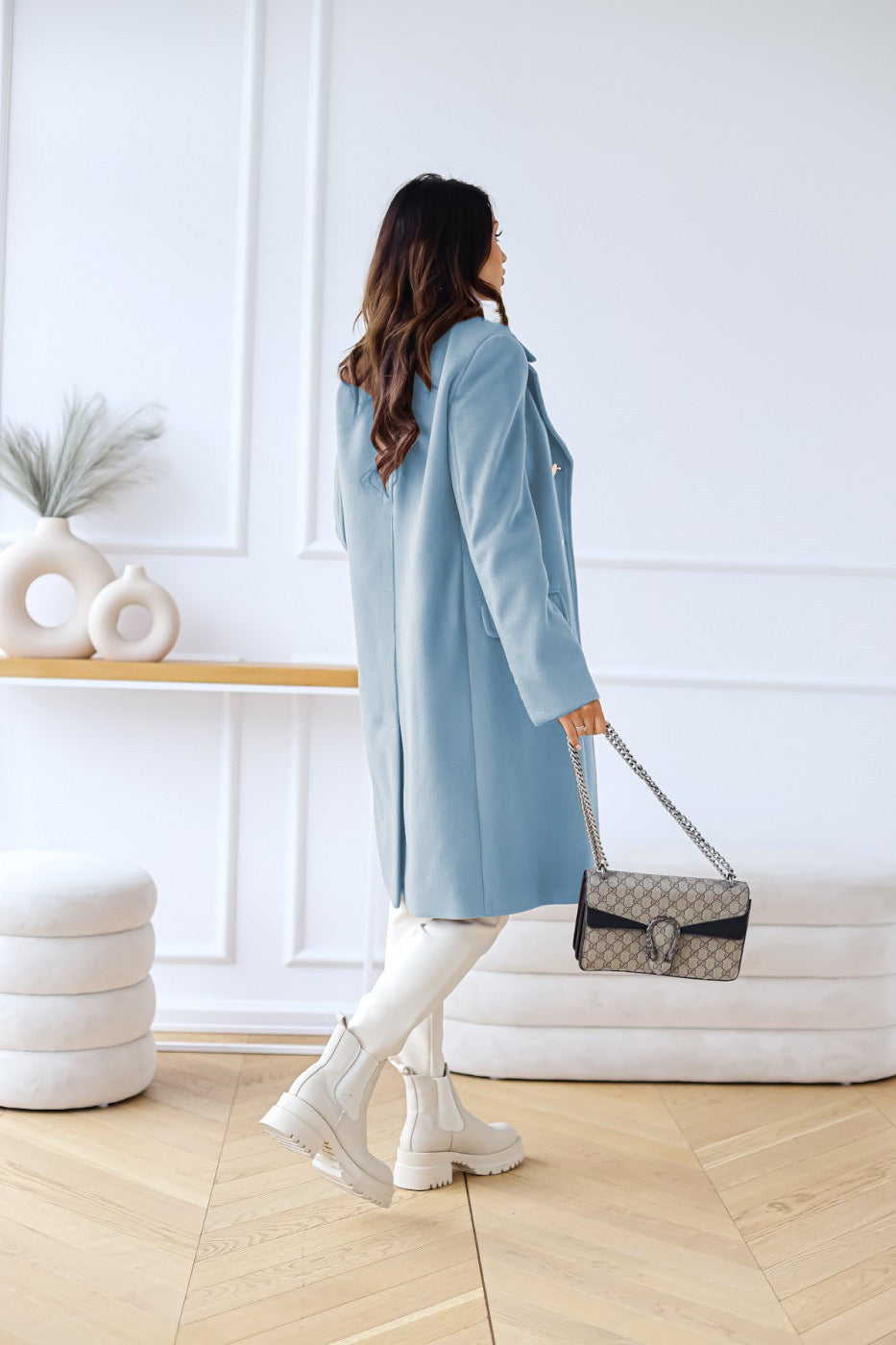 Women's Double-Breasted Wool Coat Gold Button Detail